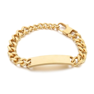 Minimalist gold stainless steel Cuban link bracelet with rectangle ID bar for men and women