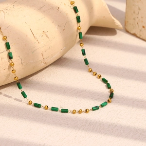 18K gold plated stainless steel necklace with green cylindrical stones and gold beads