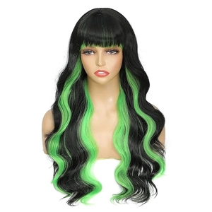 Detail of long wavy black wig with green highlights and flat bangs on a mannequin