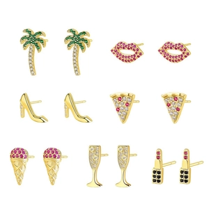 S925 silver stud earring set with gold plating and colorful zircon stones in 7 fun shapes