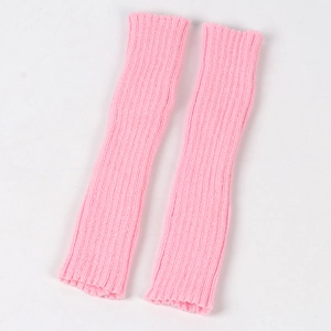 Detailed view of pink knitted arm warmers with vertical ribbed texture and soft finish