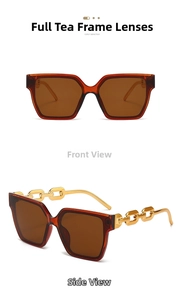 Detail of square tea sunglasses featuring gold metal chain temples and side view