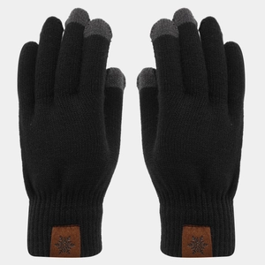 Close-up of black knit gloves with touchscreen-compatible fingertips and snowflake leather patch