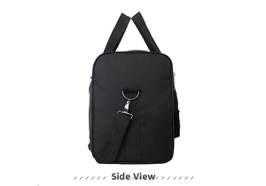 Side view of black nylon travel bag featuring adjustable shoulder strap and metal buckles