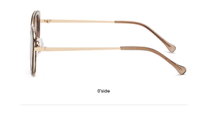 Detail view of cat eye sunglasses with translucent frames and gold metal temple accents