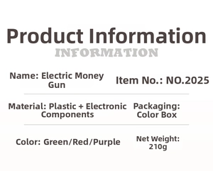Specifications for electric money gun toy, weighing 210g in multiple color options