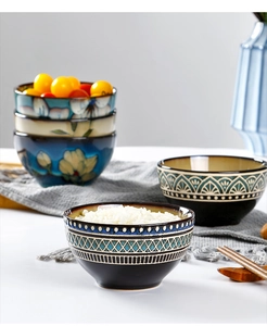 Detail of hand-painted Japanese ceramic rice bowls with floral and geometric patterns