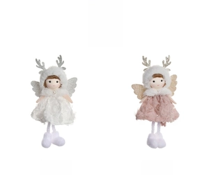Detail view of pink and white plush angel ornaments with lace skirts and sequin antlers