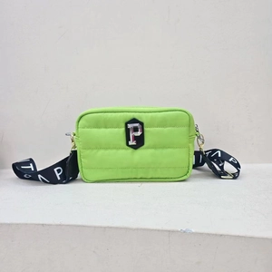 Fluorescent green nylon quilted crossbody bag with logo and branded black wide strap