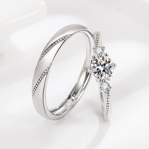 Elegant adjustable couple rings set featuring a classic solitaire engagement ring