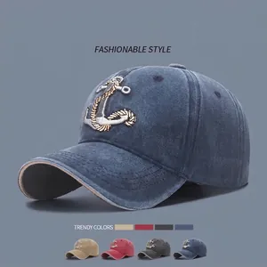 Washed Cotton Baseball Cap Nautical Anchor Embroidery Distressed Vintage Style Adjustable Casual Sun Hat