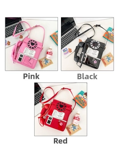 Detailed view of creative retro telephone handbags in pink, black, and red glossy finish