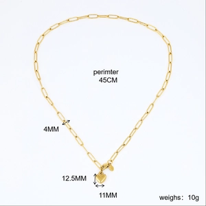 Detailed specs of gold heart pendant paperclip chain showing dimensions and weight
