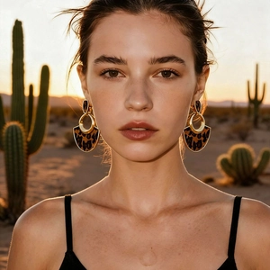 Boucles d'oreilles en éventail léopard en simili-poil avec détails en métal doré