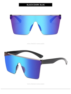 Dual-angle view of oversized shield sunglasses with blue mirror lenses and black frame