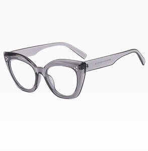 Detail view of small rectangular cat-eye sunglasses in transparent grey TR frame