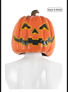Detailed back view of Halloween orange pumpkin mask Model D on white mannequin