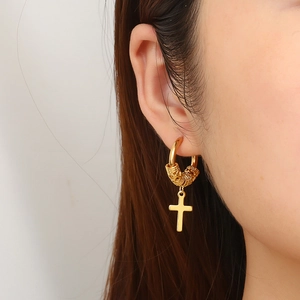 Golden stainless steel hoop earrings with cross pendant and textured dragon totem design