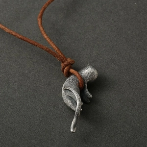 Vintage 925 sterling silver cat pendant necklace with rustic brown leather cord for couples