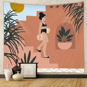 Detail of Modern Boho tapestry showing a woman on stairs with sun and palm leaf elements