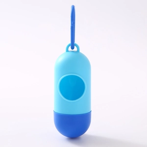 Blue capsule-shaped dog waste bag dispenser with hook on white background
