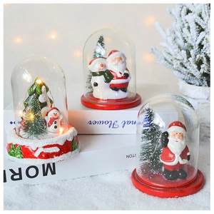 Detail showing lighted Christmas glass dome with Santa Claus, Snowman and warm LED lights