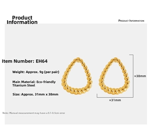 Detailed specs of gold twisted triangle hoop earrings in durable titanium steel