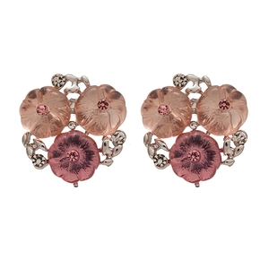 Pink resin flower stud earrings with gradient petals and rhinestones on white backdrop