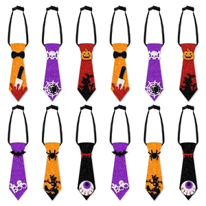 Set of 12 glitter Halloween pet neckties with pumpkin, spider, and ghost patterns