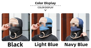 Winter bomber hat color selection in black, light blue, and navy blue with fleece lining