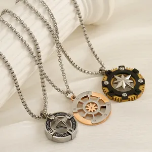 Men's titanium steel compass necklaces with nautical star and helm pendants in three colors