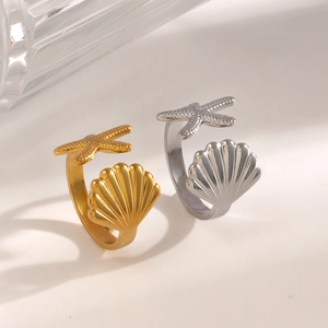 Bagues ouvertes en acier inoxydable avec motif étoile de mer et coquillage dorés