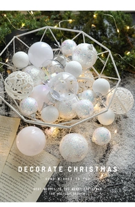 Detail of diverse Christmas ball set with glitter and hollow designs in a modern basket