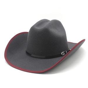 Classic dark grey felt cowboy hat with red trim and leather band with silver buckle