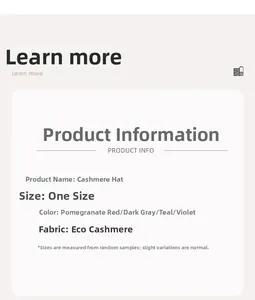 Size chart and color specifications for cashmere beanies in various autumn shades