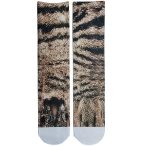 Detailed view of realistic tiger skin pattern print on unisex mid-calf crew socks