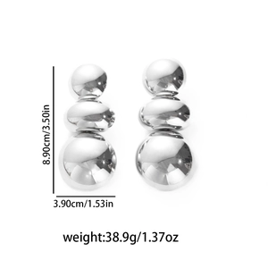 Detailed view of silver triple-layered metal ball drop earrings with dimensions and weight
