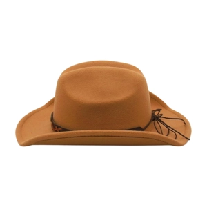 Detail of camel felt fedora hat featuring a brown string band and side bow embellishment