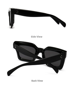 Detail view of black square sunglasses with vintage three-dot metal rivets decoration