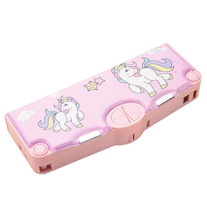 Pink double-layer unicorn pencil case with multi-functional buttons and storage compartments
