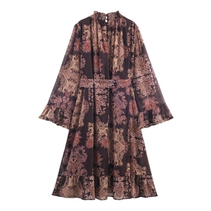 Bohemian paisley chiffon maxi dress with ruffle details and long flared sleeves
