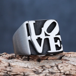 Retro stainless steel LOVE block signet ring with vintage matte silver finish
