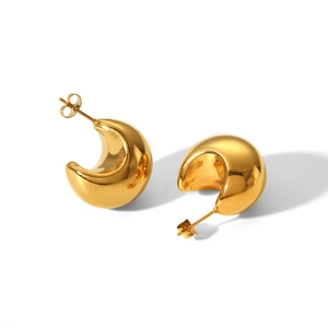 Polished gold hollow C-shaped hoop earrings in stainless steel for women