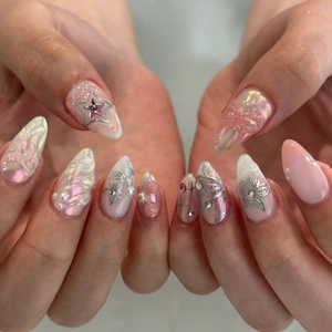 Press On Nails Long Almond Y2K Sweet Cool Style Aurora Pink White With Artificial Pearl Rhinestone Bow Star Decorations