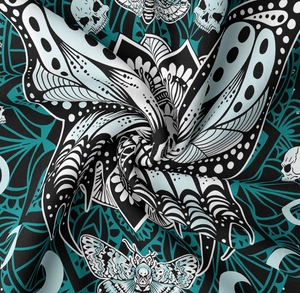 Detail of gothic butterfly and skull tapestry fabric with soft polyester texture