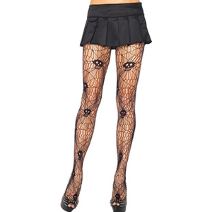 Detail of black fishnet stockings featuring spider web and skull patterns for gothic styles