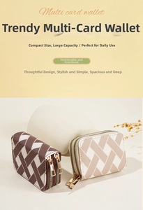 Detail view of double zipper card holder featuring classic plaid texture and canvas fabric