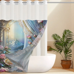 Detail of digital print waterproof shower curtain with mountain lake and floral design