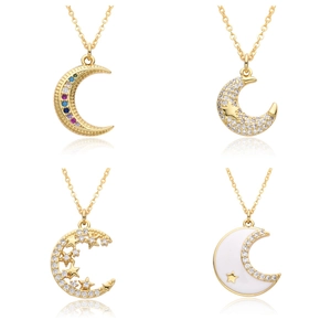 Elegant Copper Moon Star Pendant Necklace Rhinestone Micro Pave Gold Plated Chain Necklace For Women Daily Party Jewelry