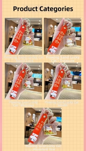 Detailed grid of liquid glitter lucky cat keychains with gold flakes and red straps